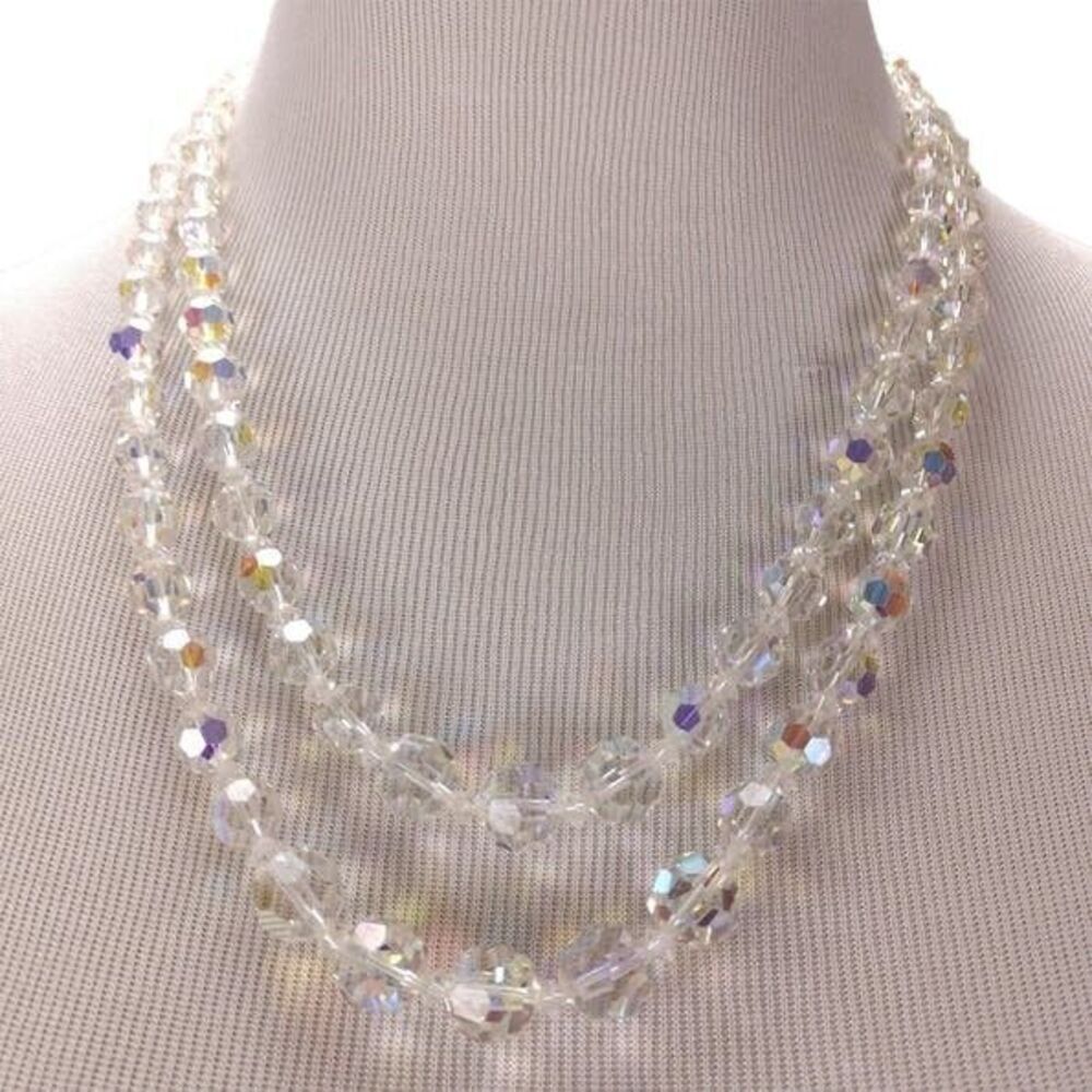 Vintage MCM Crystal AB Beaded Necklace 20in Two Strand Faceted